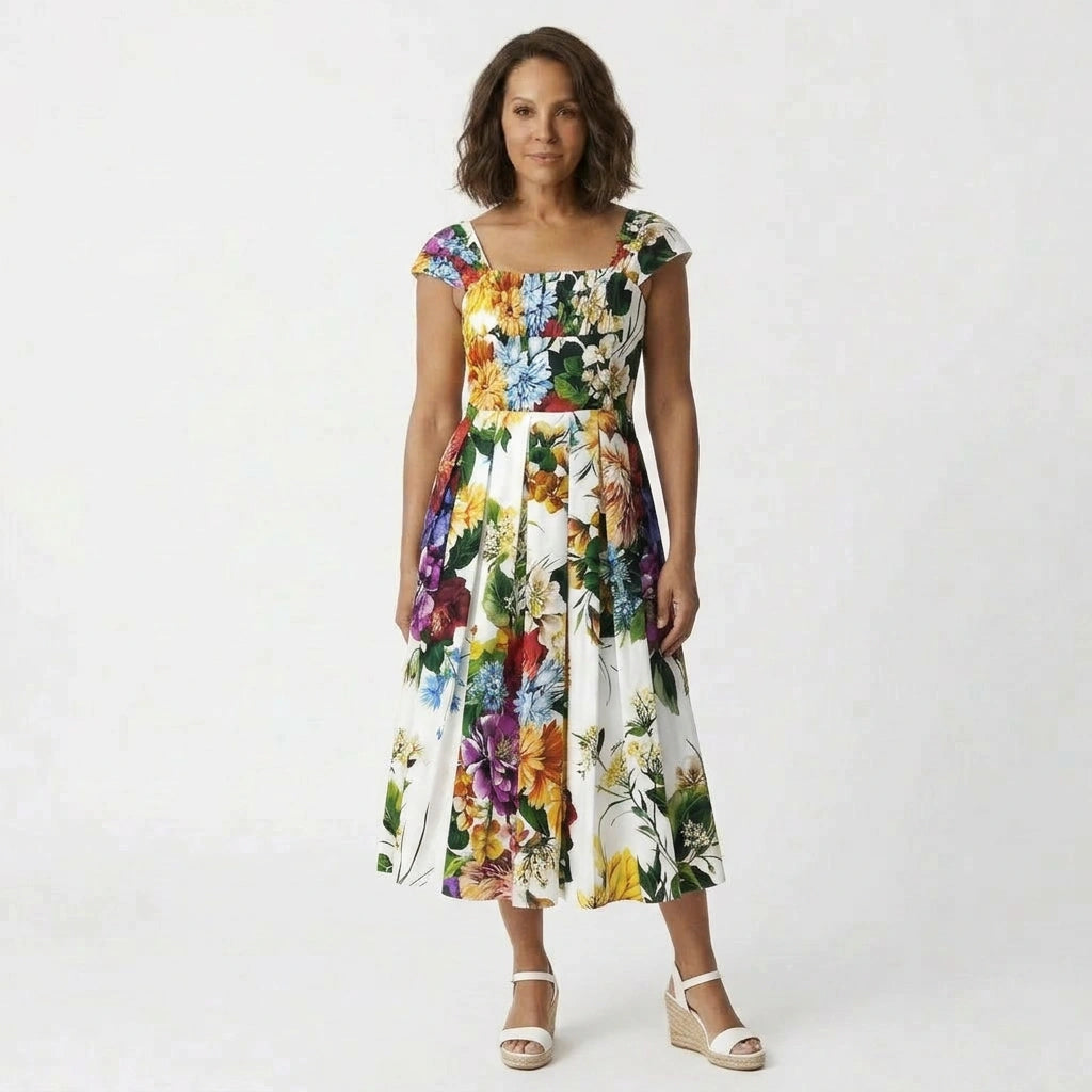 Italian floral print cap sleeve 100% cotton midi dress