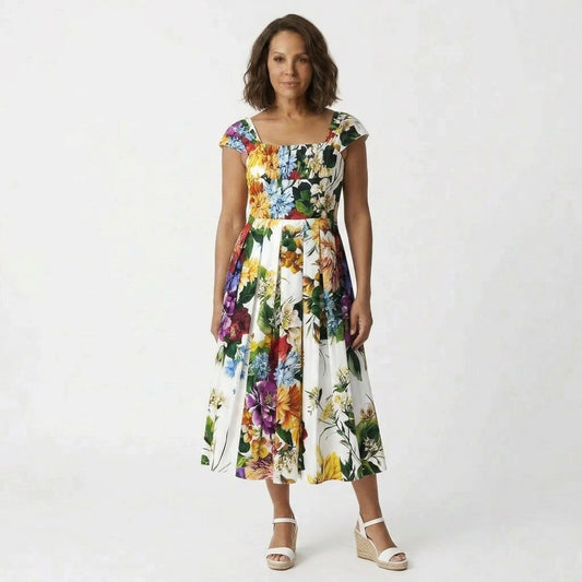 Italian floral print cap sleeve 100% cotton midi dress