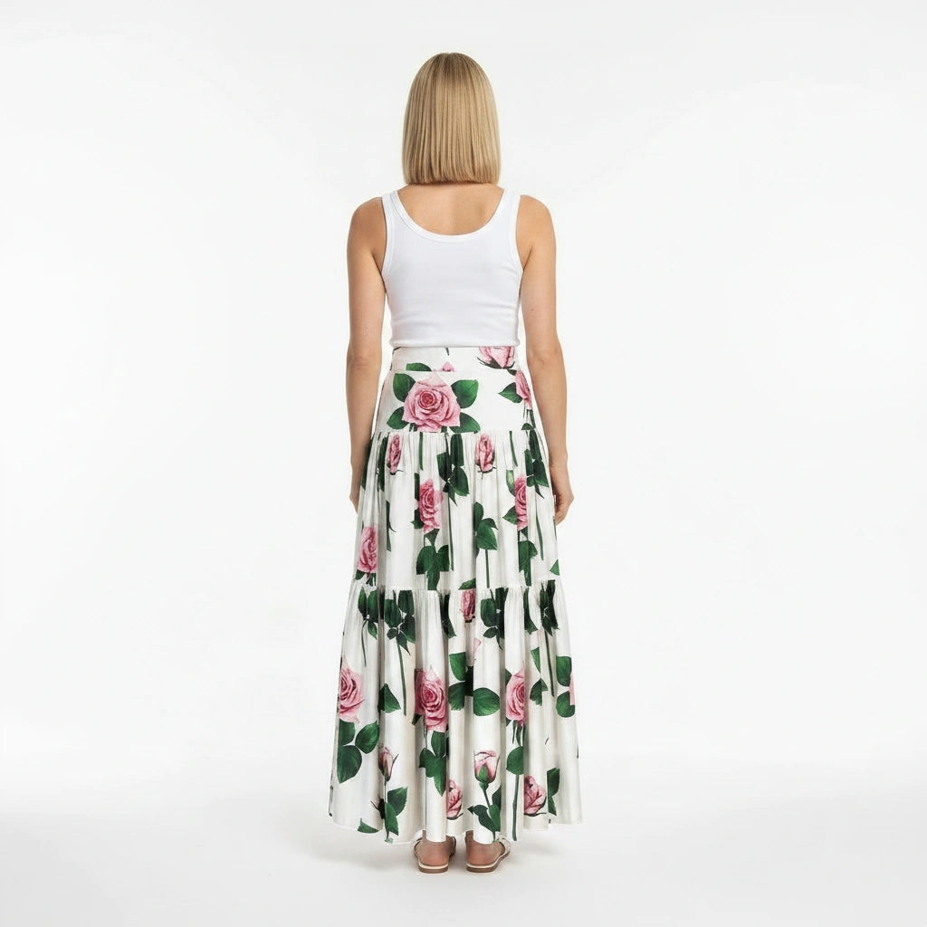 Luxury Roses print 100% cotton maxi full skirt