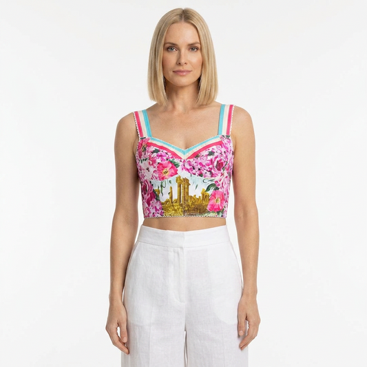 Floral Cotton Bustier Top With Ancient Sicily Print