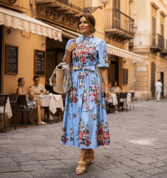 Floralia Italiana Blue Cotton Midi Shirt Dress - Dress By Vicky