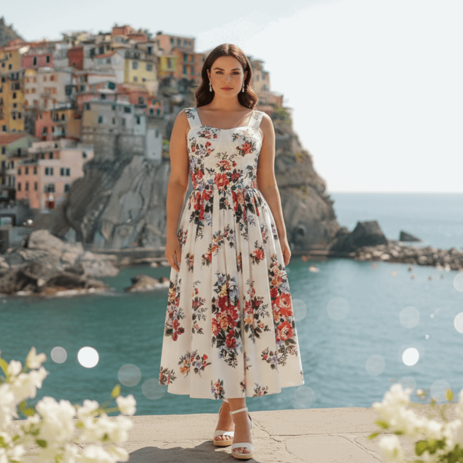 Floralia Italiana White Cotton Midi Dress with Padded Cups - Dress By Vicky
