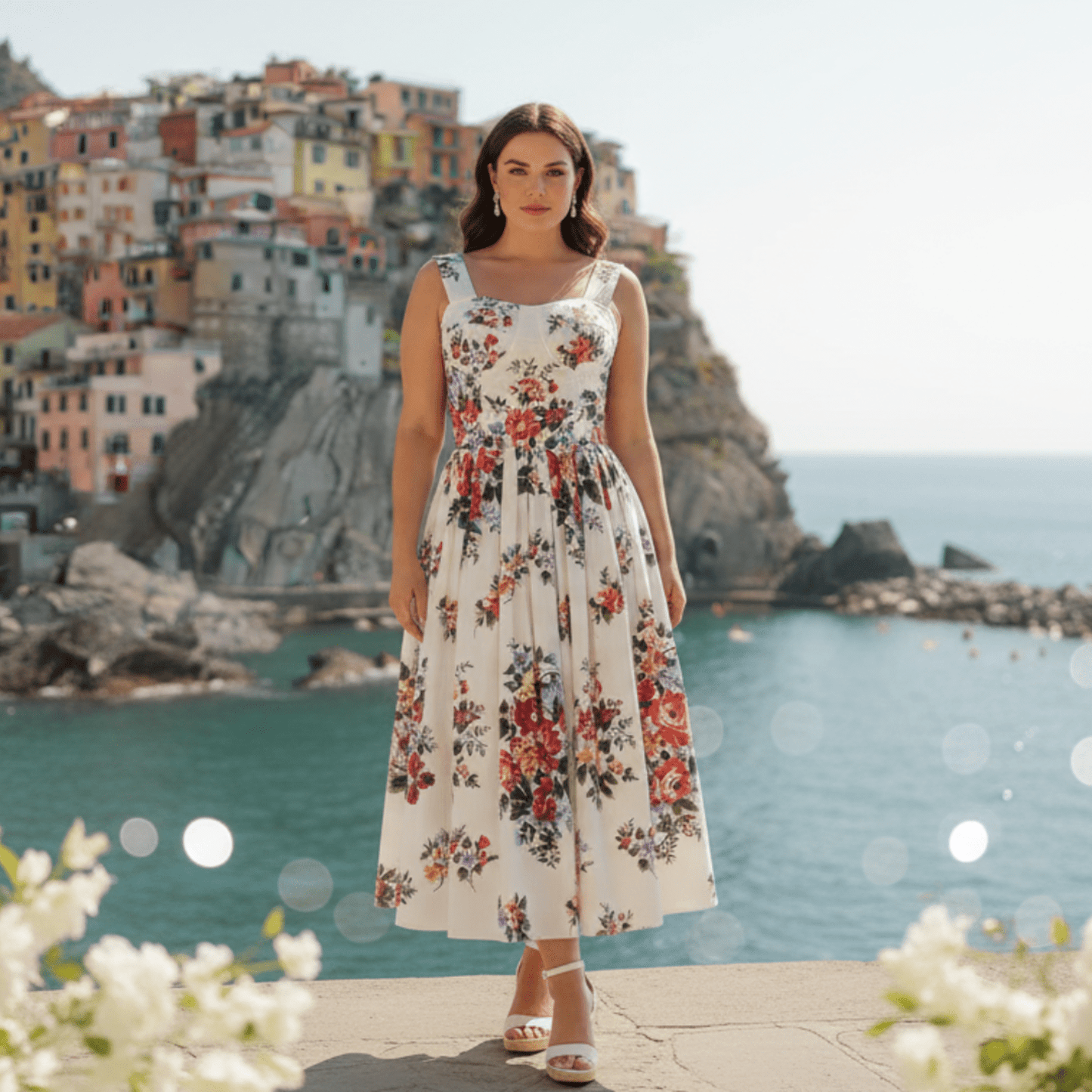 Floralia Italiana White Cotton Midi Dress with Padded Cups - Dress By Vicky