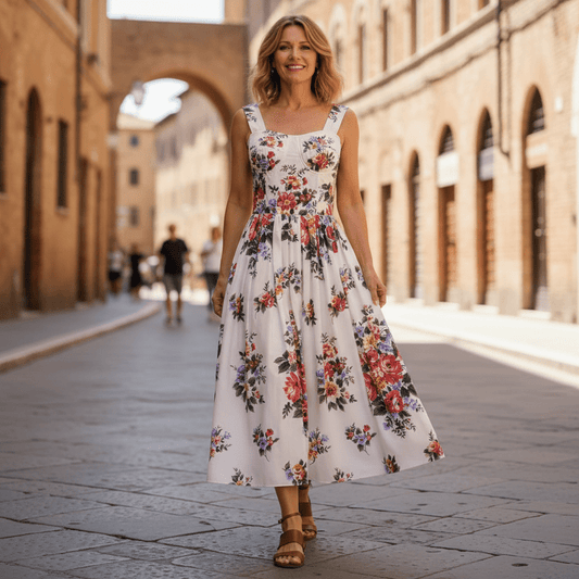 Floralia Italiana White Cotton Midi Dress with Padded Cups - Dress By Vicky