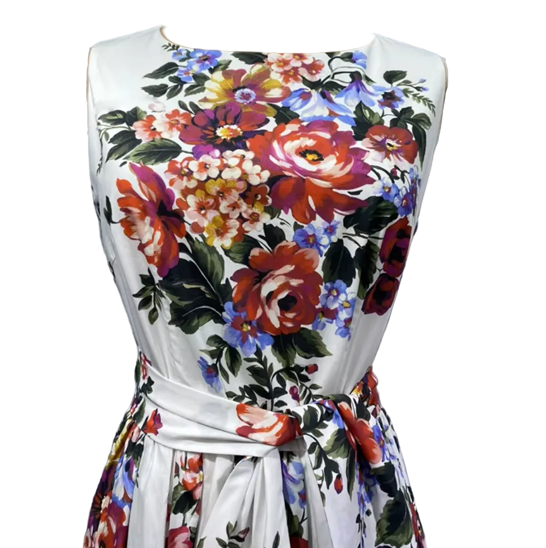 Floralia Italiana White Cotton Midi Dress with Tie Belt - Dress By Vicky