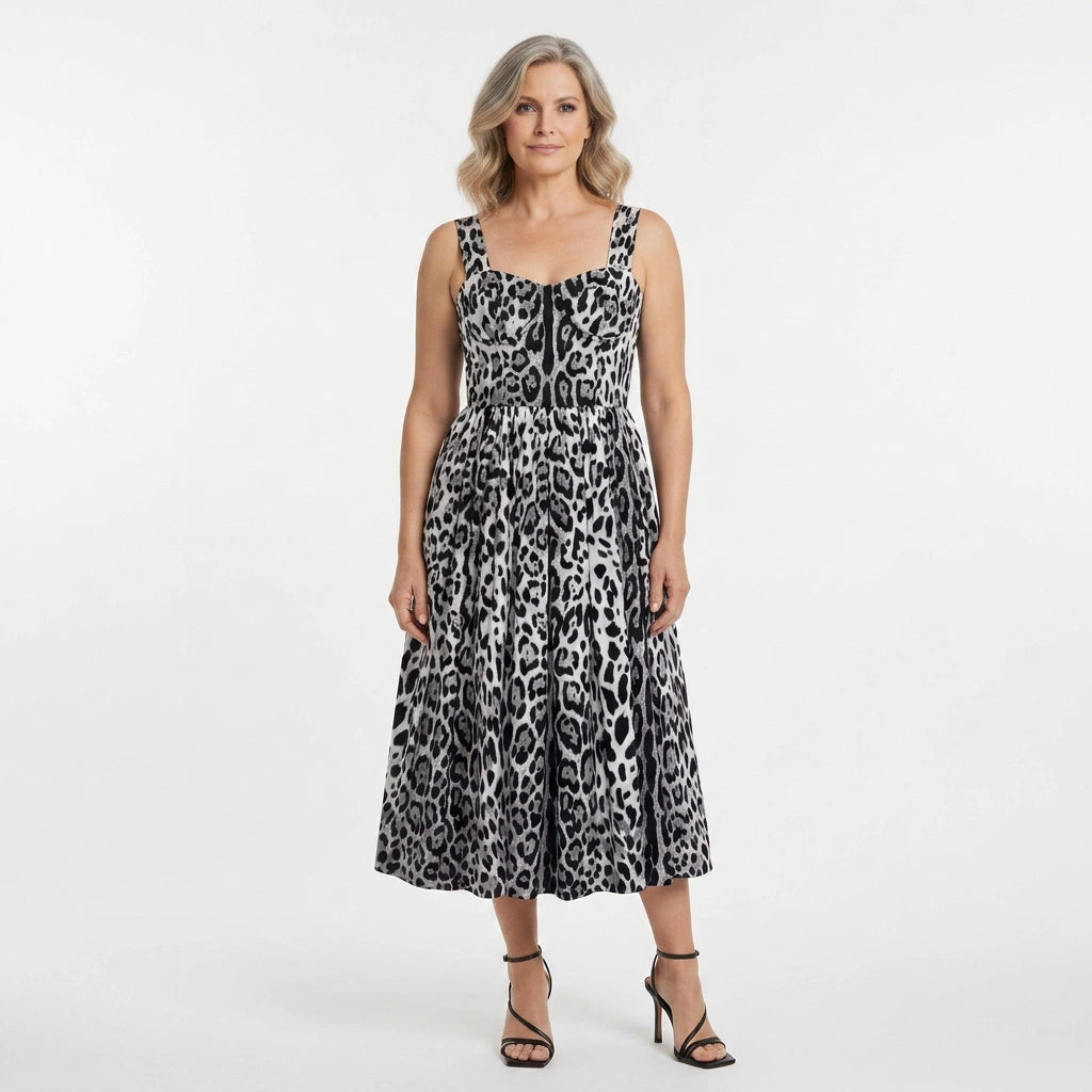Vestido midi de verano de algodón con estampado de leopardo gris