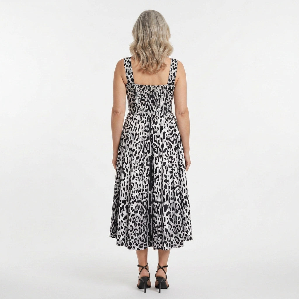 Vestido midi de verano de algodón con estampado de leopardo gris