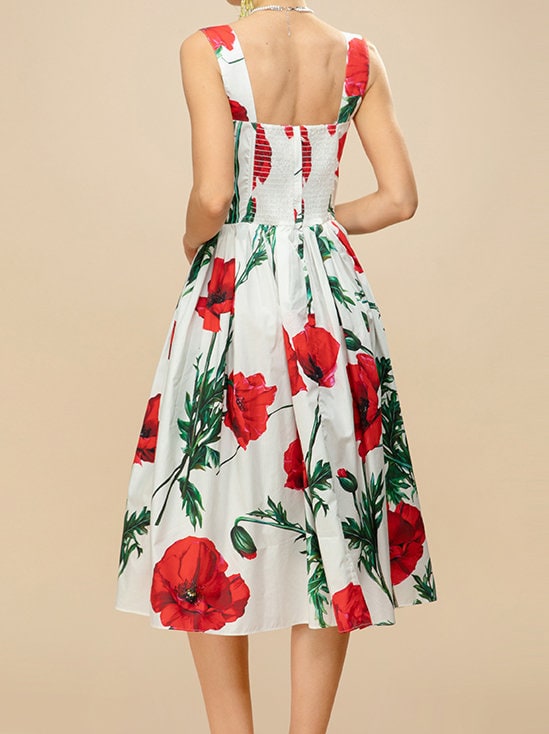 9 Handmade Italian designer Poppies print push up cotton dress