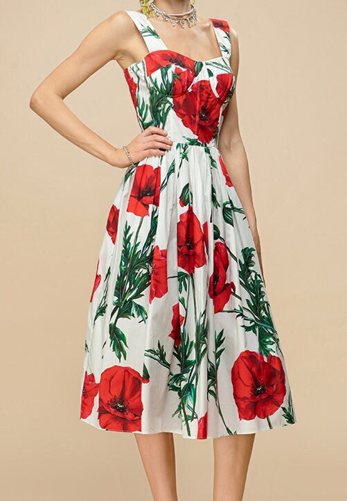 9 Handmade Italian designer Poppies print push up cotton dress