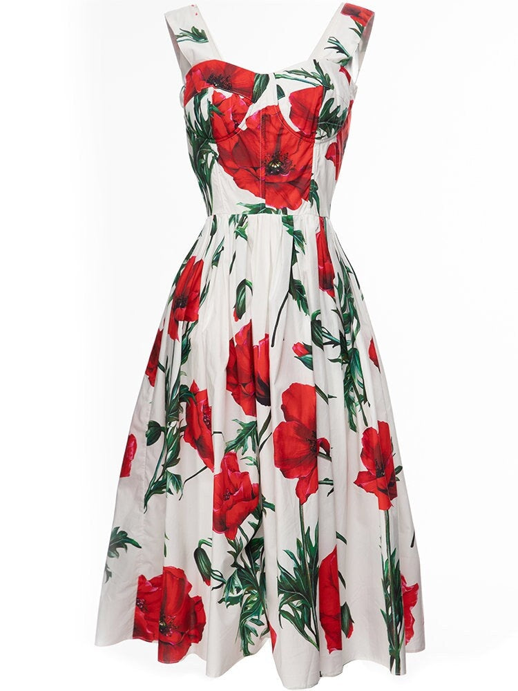 9 Handmade Italian designer Poppies print push up cotton dress