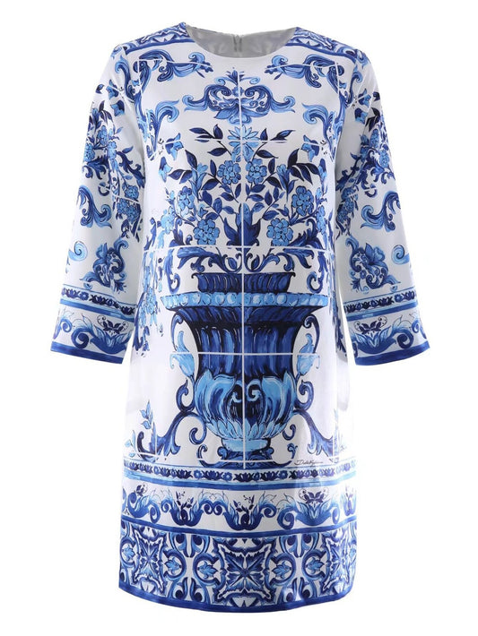 86 Handmade Italian designer Majolica print 3/4 sleeves mini dress, blue / white