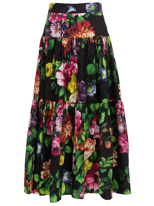 Handmade Italian designer Black Floral print cotton skirt