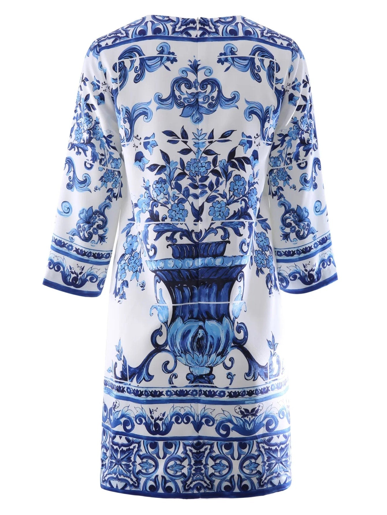 86 Handmade Italian designer Majolica print 3/4 sleeves mini dress, blue / white