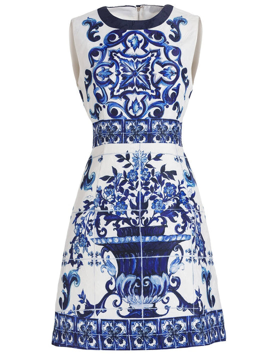 Handmade Italian Brocade Majolica print sleeveless mini dress, blue / white