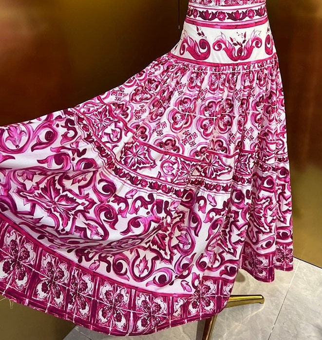 68 Handmade Italian designer Majolica print cotton skirt, pink