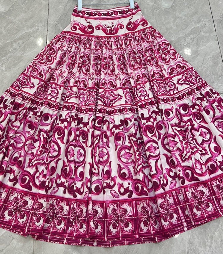 68 Handmade Italian designer Majolica print cotton skirt, pink