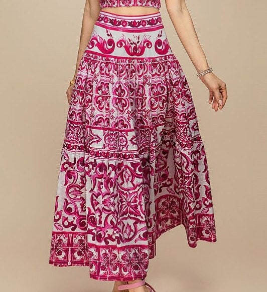 68 Handmade Italian designer Majolica print cotton skirt, pink