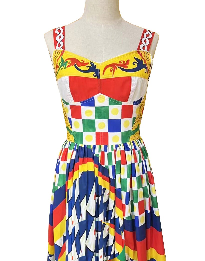 84 Handmade Italian designer Caretto print sleeveless cotton dress