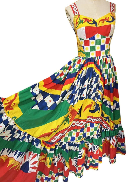 Handmade Italian Caretto print sleeveless cotton dress