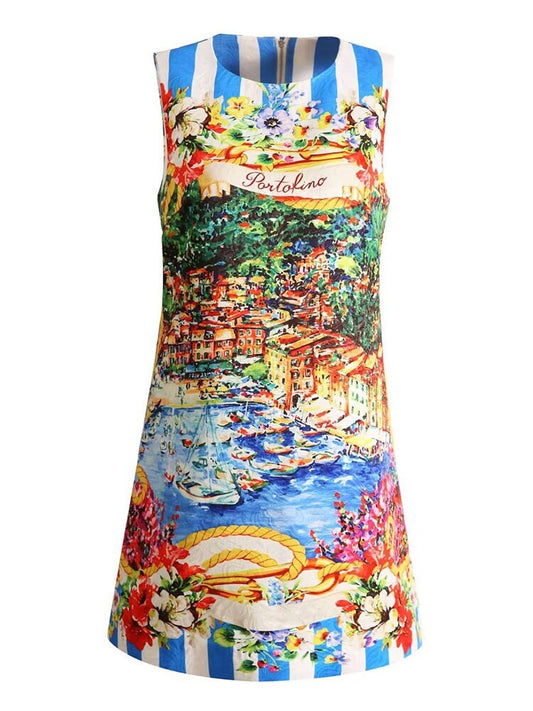 Handmade Italian Brocade Portofino print sleeveless mini dress