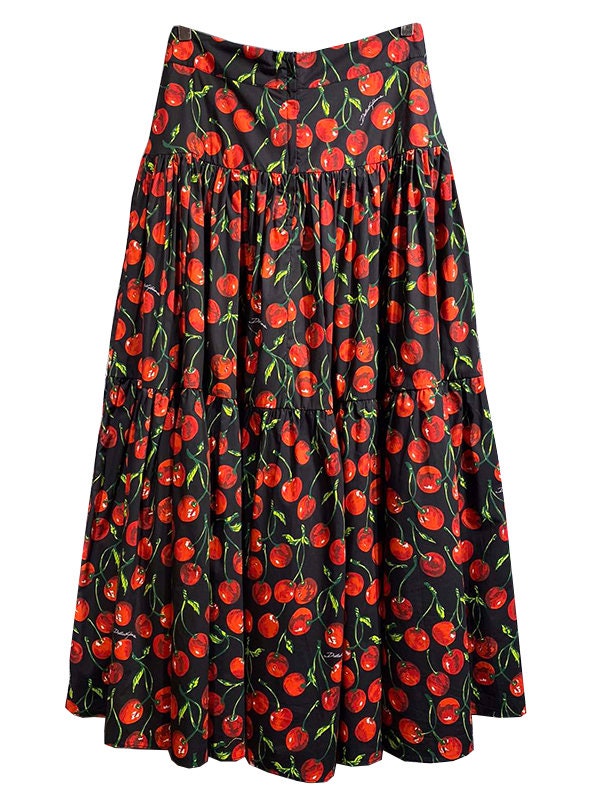 70 Handmade Italian designer Cherries print cotton skirt, black