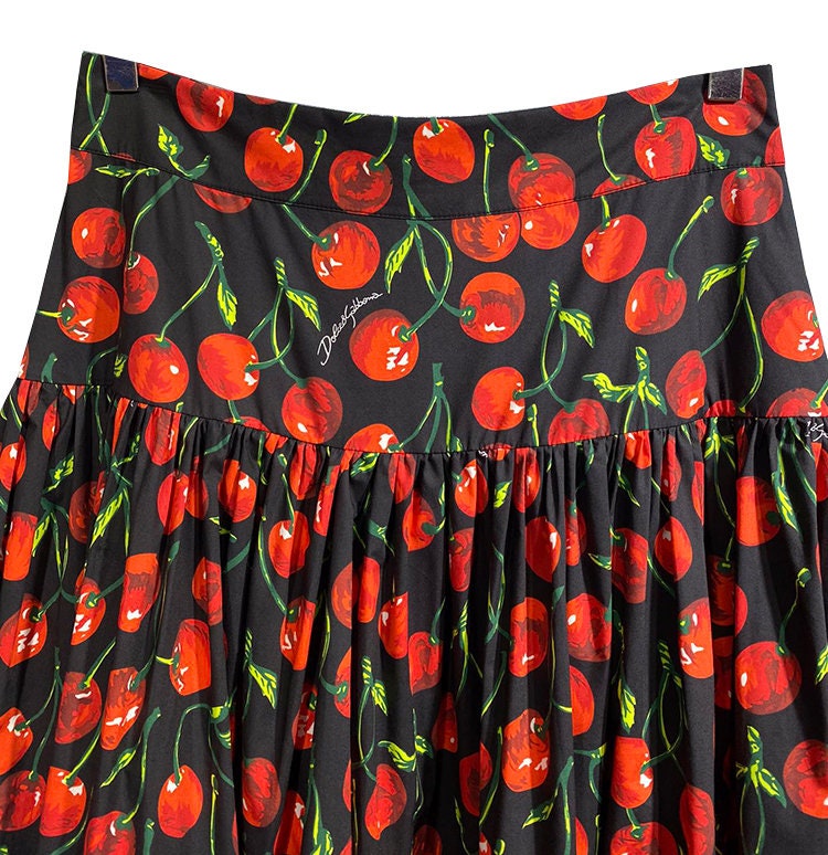 70 Handmade Italian designer Cherries print cotton skirt, black