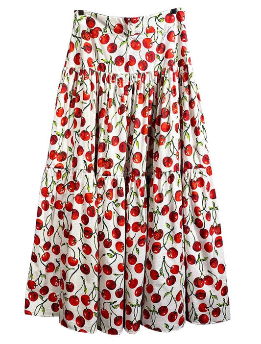 65 LATEST PRINT Handmade Italian designer Cherries print cotton skirt, white