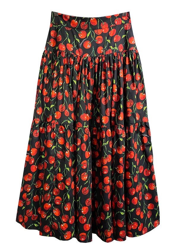 70 Handmade Italian designer Cherries print cotton skirt, black