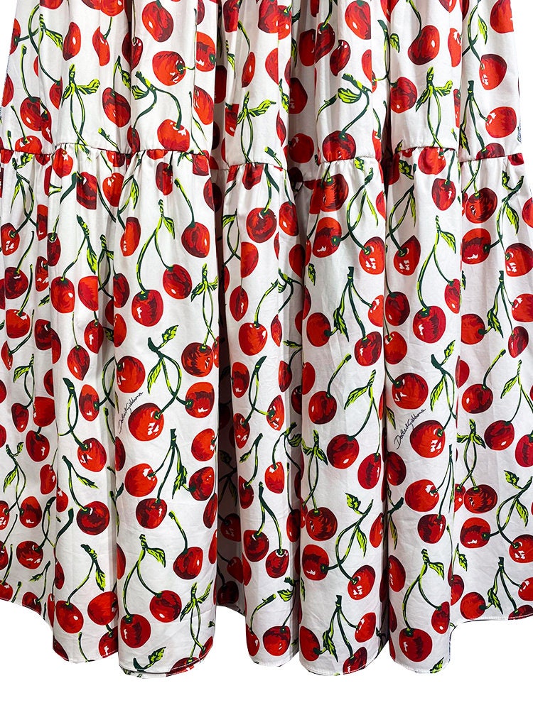 65 LATEST PRINT Handmade Italian designer Cherries print cotton skirt, white