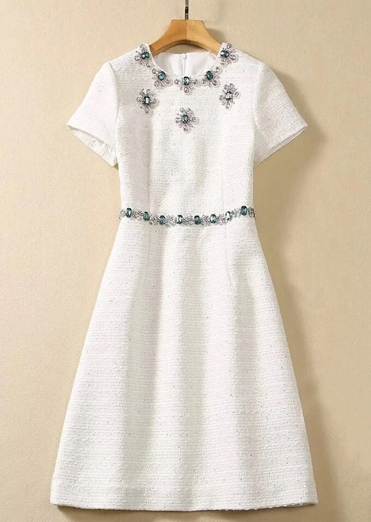 77 Handmade White Tweed Gemstone Dress