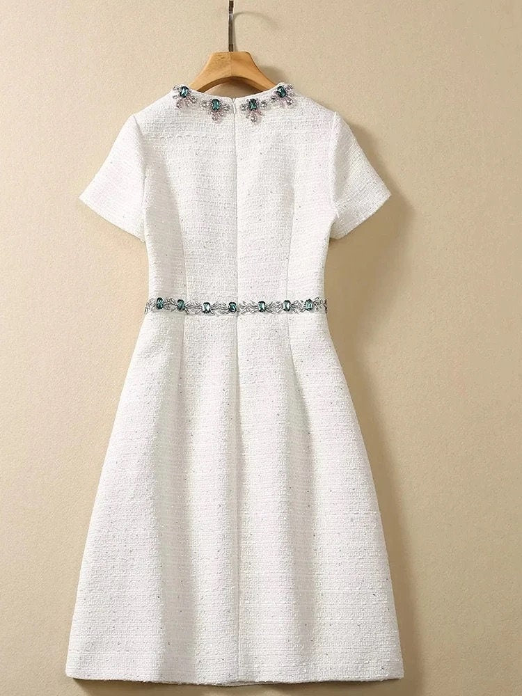 77 Handmade White Tweed Gemstone Dress