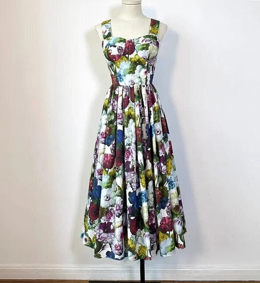 Handmade Italian designer Georgina print push up cotton dress, runway dress, summer dress, floral dress, dolce vita dress, Sicily dress