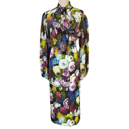 Handmade Italian designer Floral print silk skirt, luxury dress, runway dress, silk dress, dolce vita dress
