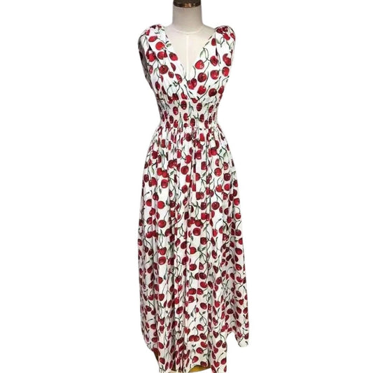 Handmade Italian Cherry print full length cotton dress