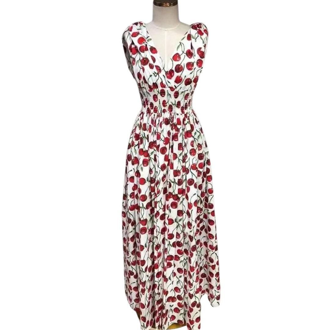 19 Handmade Italian designer Cherry print full length cotton dress, runway dress, summer dress, floral dress, dolce vita dress, Sicily dress