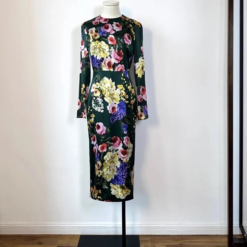 51 Handmade Italian fabric (Floral print) long sleeve silk dress, Green Roses Sicilian Dress, Cruise 2024 Dress, Runway Dress, Dolce Vita