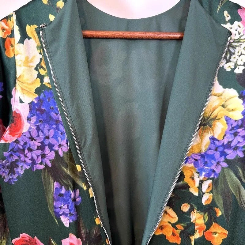 51 Handmade Italian fabric (Floral print) long sleeve silk dress, Green Roses Sicilian Dress, Cruise 2024 Dress, Runway Dress, Dolce Vita