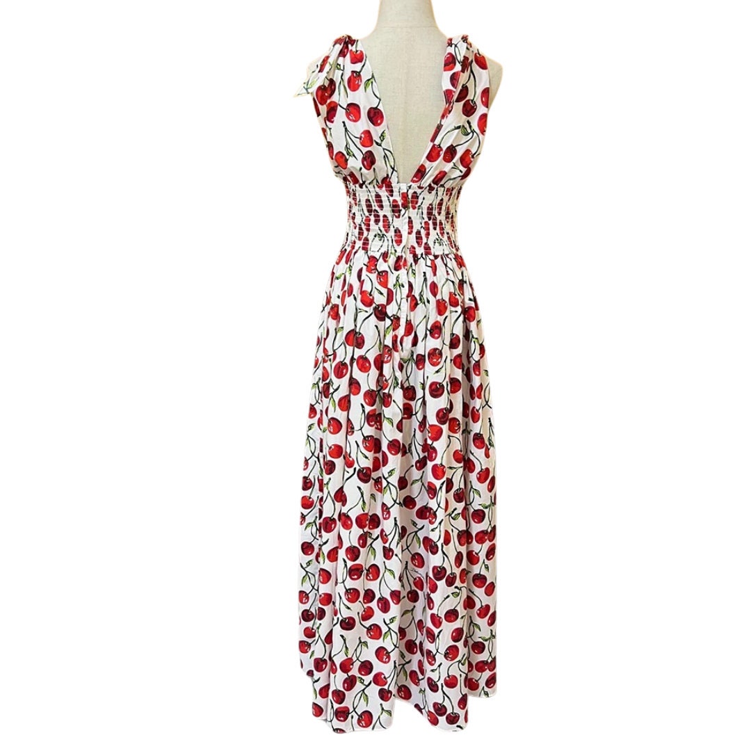 19 Handmade Italian designer Cherry print full length cotton dress, runway dress, summer dress, floral dress, dolce vita dress, Sicily dress