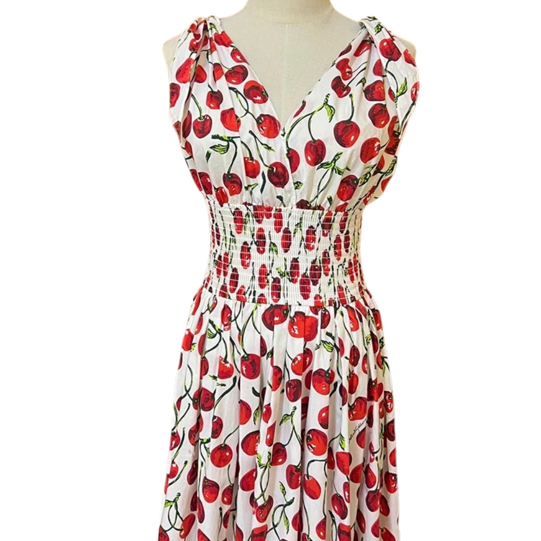 19 Handmade Italian designer Cherry print full length cotton dress, runway dress, summer dress, floral dress, dolce vita dress, Sicily dress