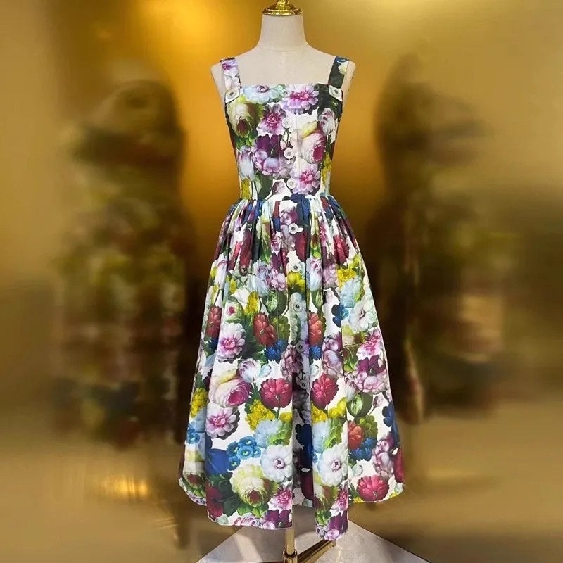 1 Handmade Italian designer Sicily Flowers print sleeveless cotton dress, runway dress, dolce dress