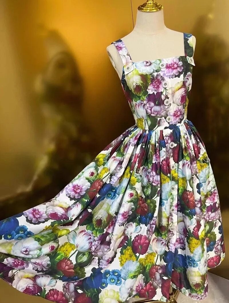 1 Handmade Italian designer Sicily Flowers print sleeveless cotton dress, runway dress, dolce dress