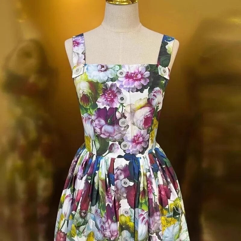 1 Handmade Italian designer Sicily Flowers print sleeveless cotton dress, runway dress, dolce dress