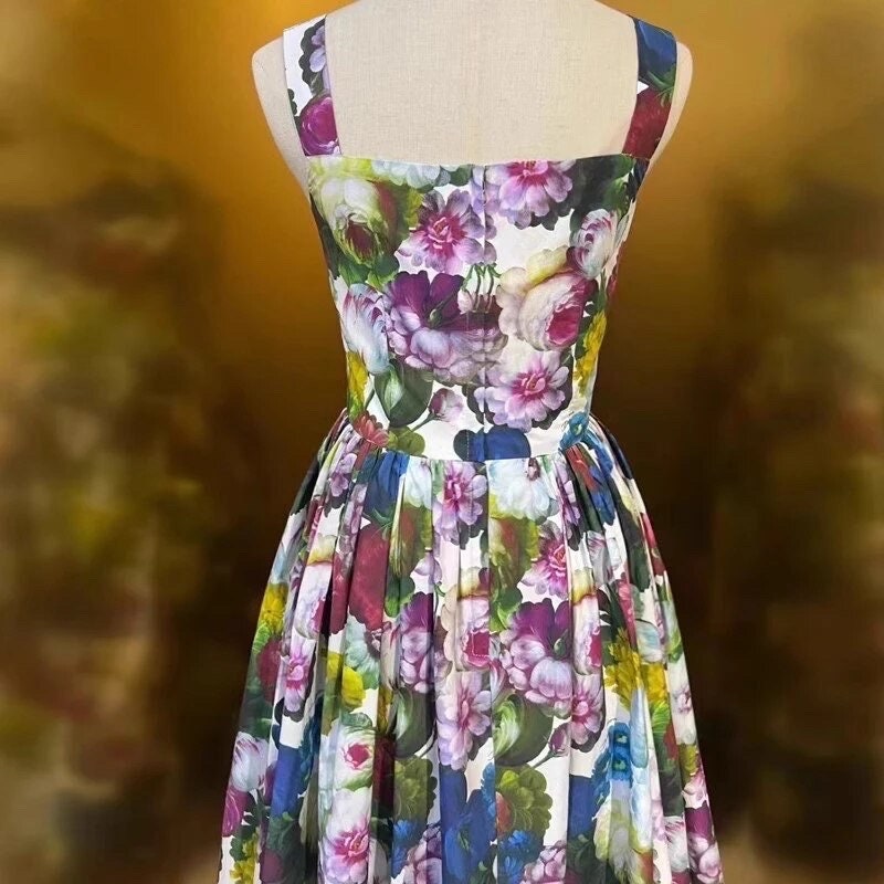 1 Handmade Italian designer Sicily Flowers print sleeveless cotton dress, runway dress, dolce dress