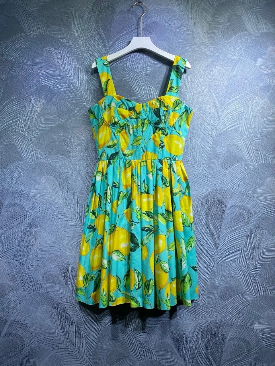 58 Handmade Italian designer Sicily Lemons print sleeveless cotton dress, blue, dolce dress, sundress