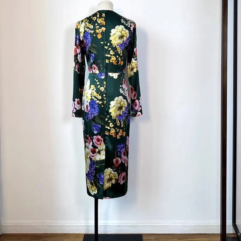 51 Handmade Italian fabric (Floral print) long sleeve silk dress, Green Roses Sicilian Dress, Cruise 2024 Dress, Runway Dress, Dolce Vita