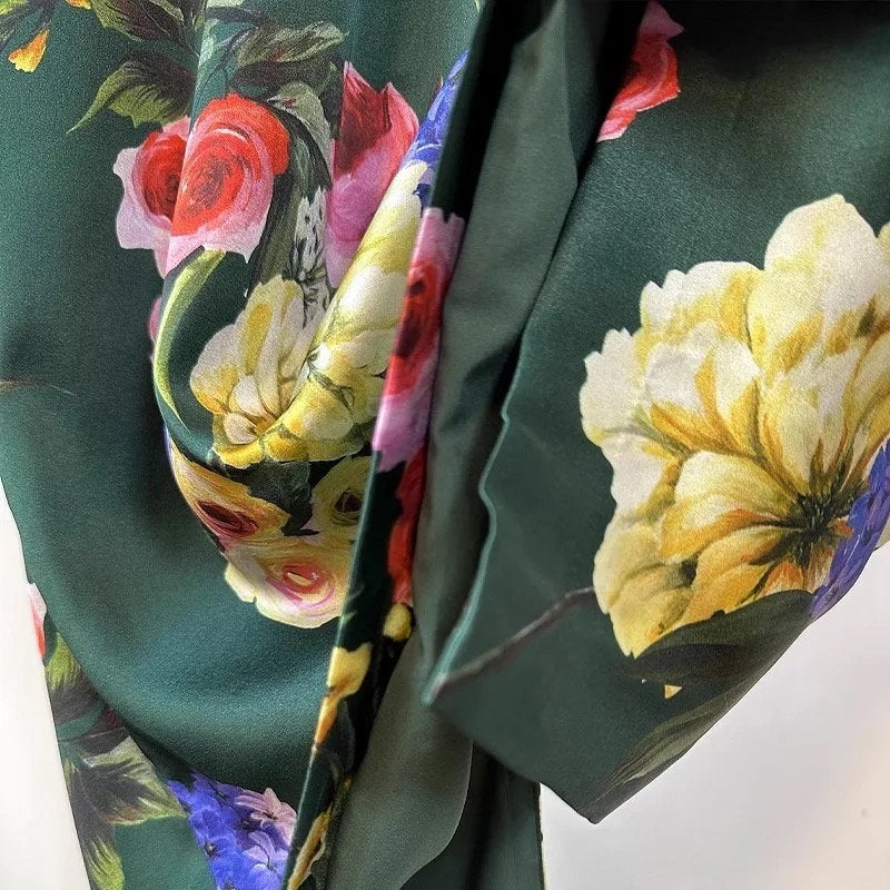 51 Handmade Italian fabric (Floral print) long sleeve silk dress, Green Roses Sicilian Dress, Cruise 2024 Dress, Runway Dress, Dolce Vita