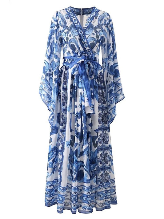Handmade Italian designer BLUE Majolica print Flared sleeves dress