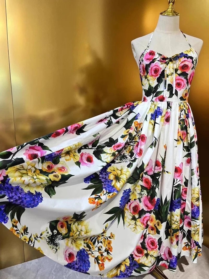 14 Handmade Italian designer white multi floral print sleeveless cotton dress, Sicily dress, Dolce vita dress, SUMMER 2024