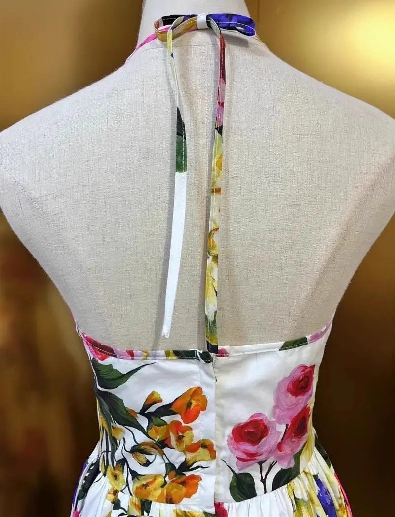 14 Handmade Italian designer white multi floral print sleeveless cotton dress, Sicily dress, Dolce vita dress, SUMMER 2024