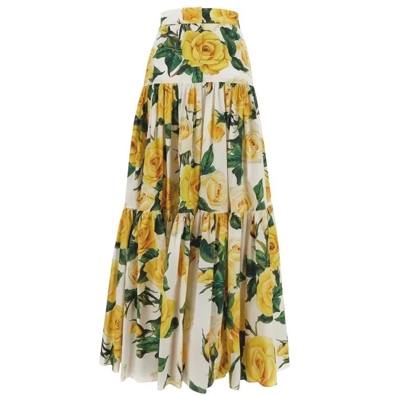 13 SUMMER 2024 Handmade Italian designer Yellow Roses print layered cotton skirt, Sicily dress, Dolce vita dress